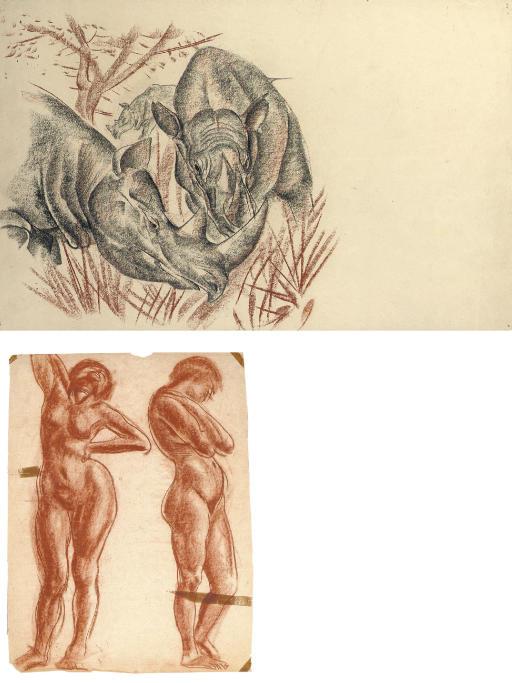 Aleksandr Evgen\'evich Iakovlev - Rhinos (illustrated); Study of a male nude; Study of a female nude; and Two studies of a standing female nude (illustrated)