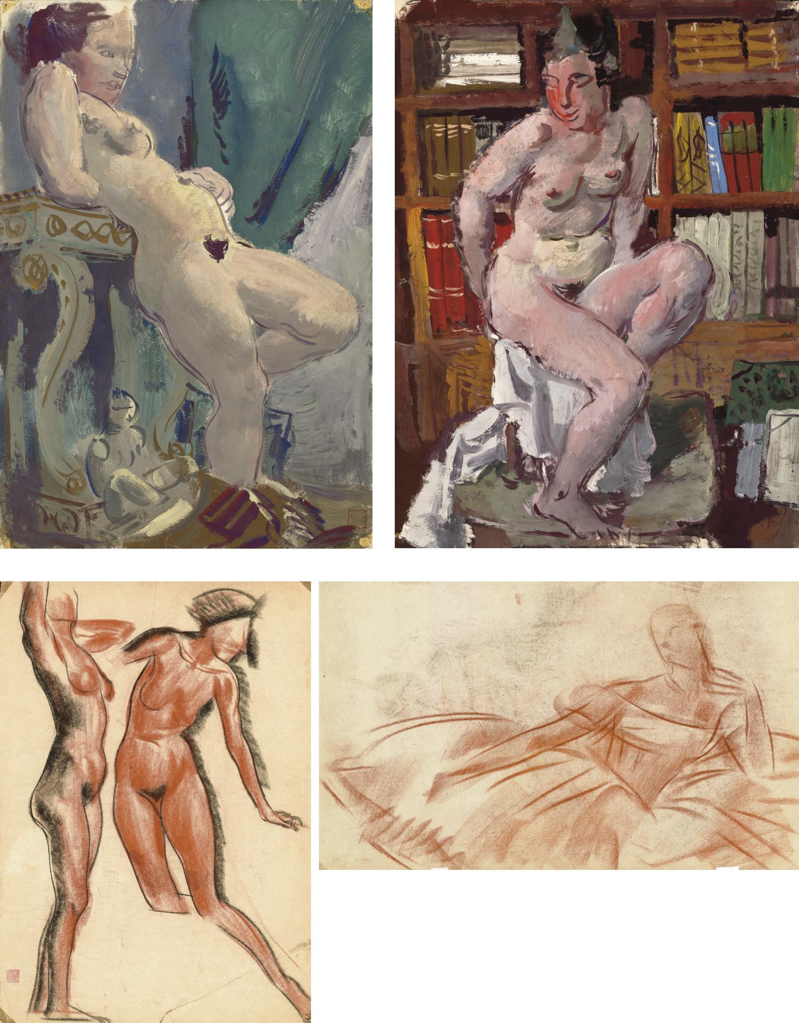 Aleksandr Evgen\'evich Iakovlev - Standing Nude Leaning On Pedestal; Seated Female Nude In The Library; Ballerina; And Two Female Nude Studies