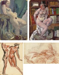 Aleksandr Evgen\'evich Iakovlev - Standing Nude Leaning On Pedestal; Seated Female Nude In The Library; Ballerina; And Two Female Nude Studies