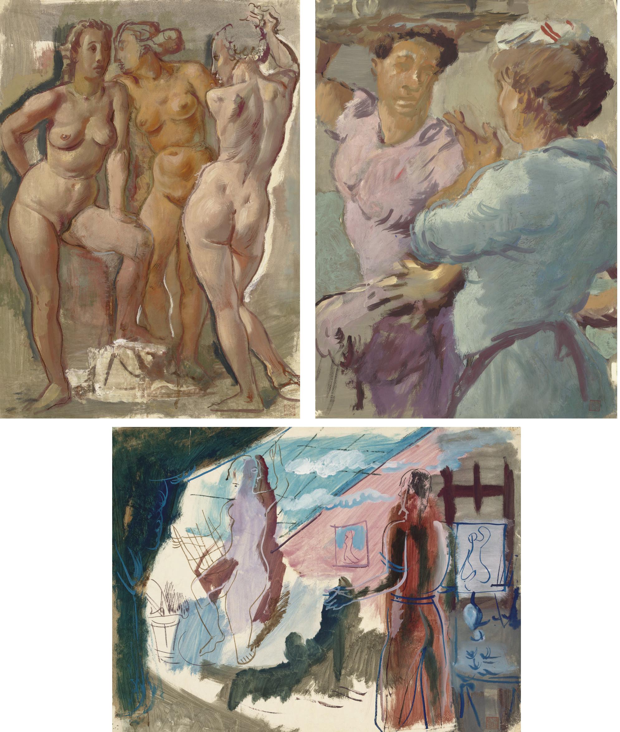 Aleksandr Evgen\'evich Iakovlev - Three Standing Female Nudes; Two Conversing Figures; And In The Artist\'S Studio