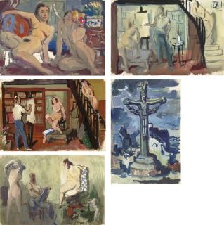Aleksandr Evgen\'evich Iakovlev - Two Conversing Female Nudes; Four Scenes of Artist And Nude Models In His Studio; And Le Crucifix En Bretagne