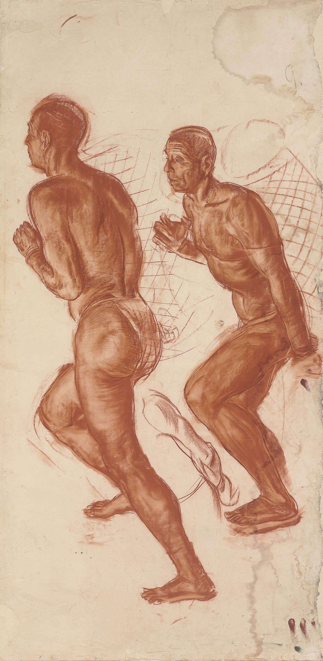 Aleksandr Evgen\'evich Iakovlev - Two Studies of A Walking Male Nude Carrying A Basket