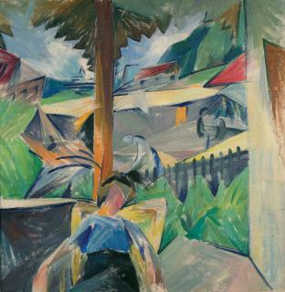 Aleksandr Konstantinovich Bogomazov - Landschaft mit sitzender Frau.