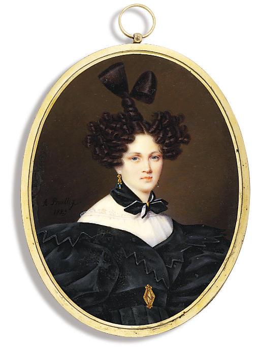 Aleksandr Pavlovich Briullov - Countess Tolstaia, in black dress with zig-zag border and large puffed sleeves, white underslip, black belt with gold buckle, black scarf around her neck, hair dressed in an Apollo knot