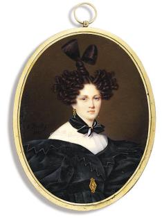 Aleksandr Pavlovich Briullov - Countess Tolstaia, in black dress with zig-zag border and large puffed sleeves, white underslip, black belt with gold buckle, black scarf around her neck, hair dressed in an Apollo knot
