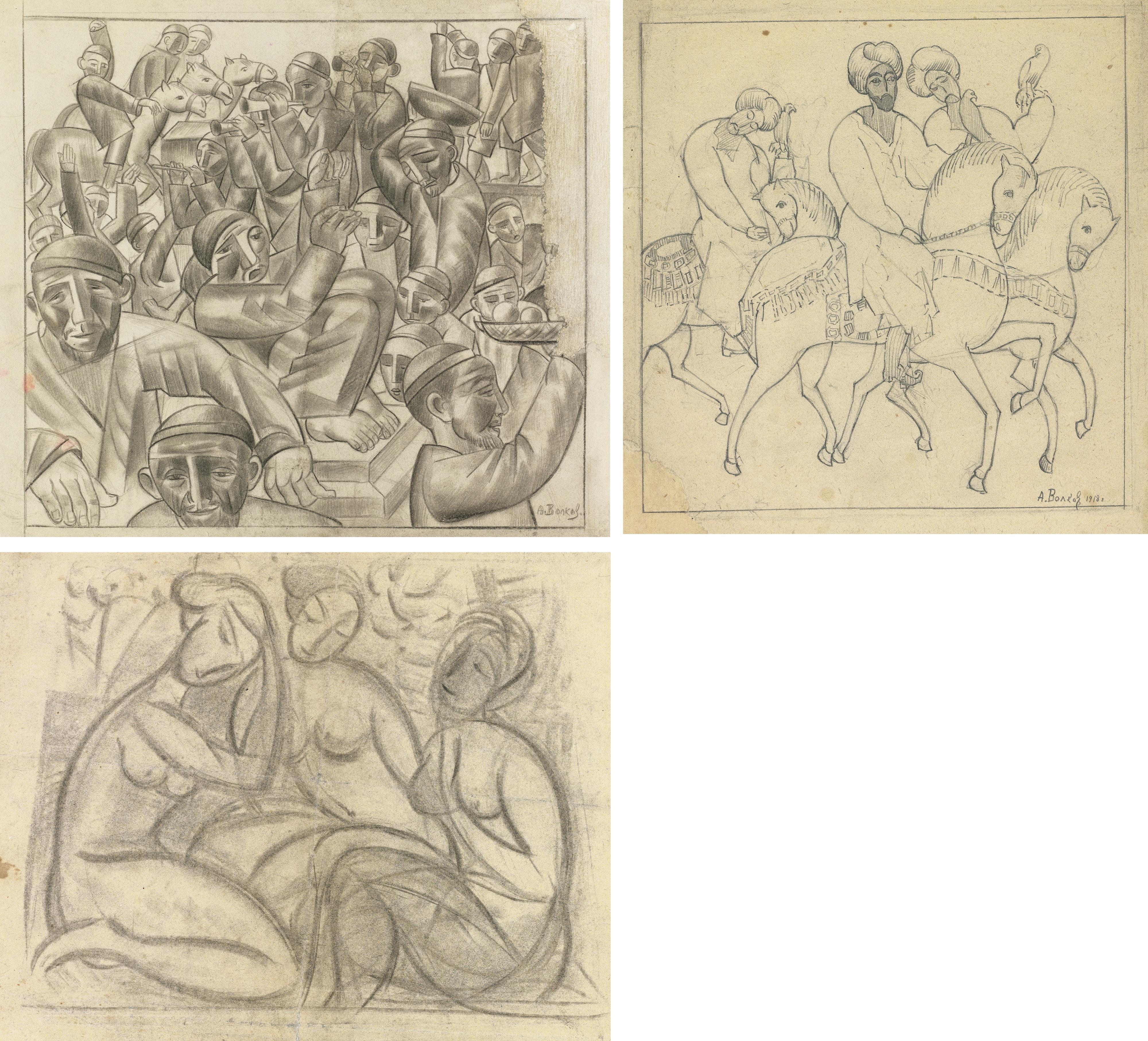 Aleksandr Volkov - A Group Of Three Sketches: A Marketplace, A Falconry Scene, Three Nudes