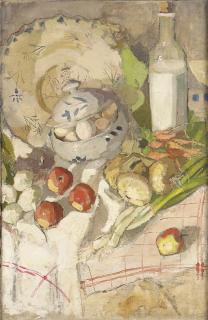 Aleksandra Aleksandrovna Ekster - Still-life with fruit, vegetable, bowl of eggs and bottle of milk