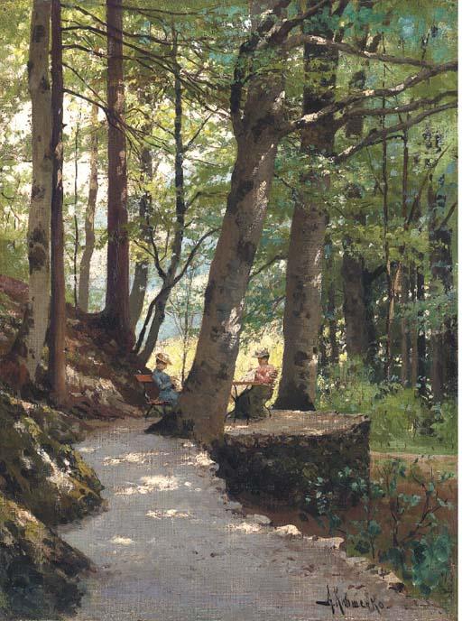Aleksei Danilovich Kivshenko - Two Ladies At Rest In A Wooded Landscape