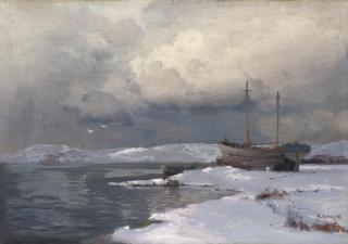 Aleksei Vasil\'evich Hanzen - A winter landscape with a two-masted boat