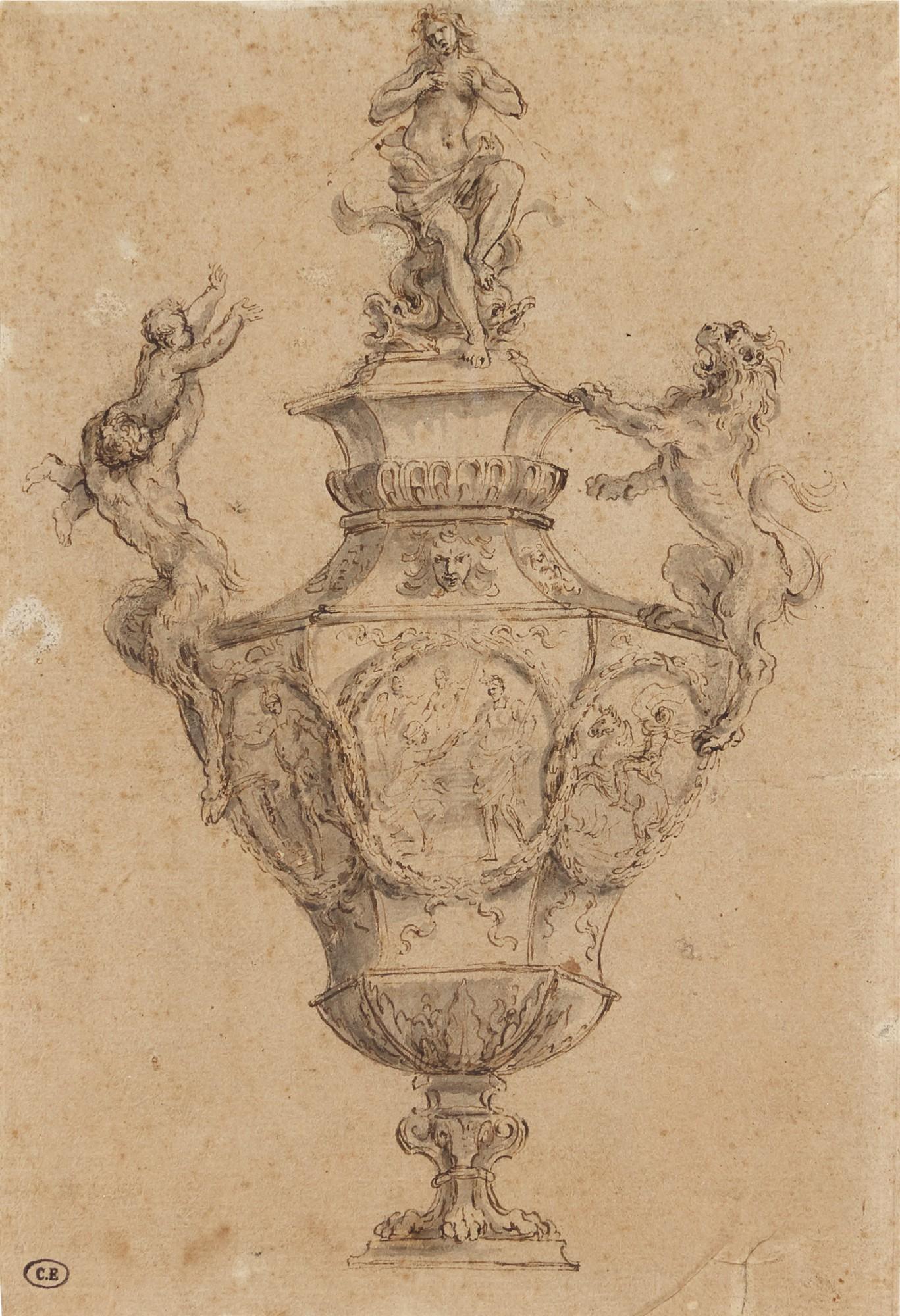 Alessandro Algardi - Design For A Vase With A Female Allegorical Figure Seated On Two Dolphins On The Cover Flanked By Two Alternative Handles, A Lion And A Satyr With A Putto
