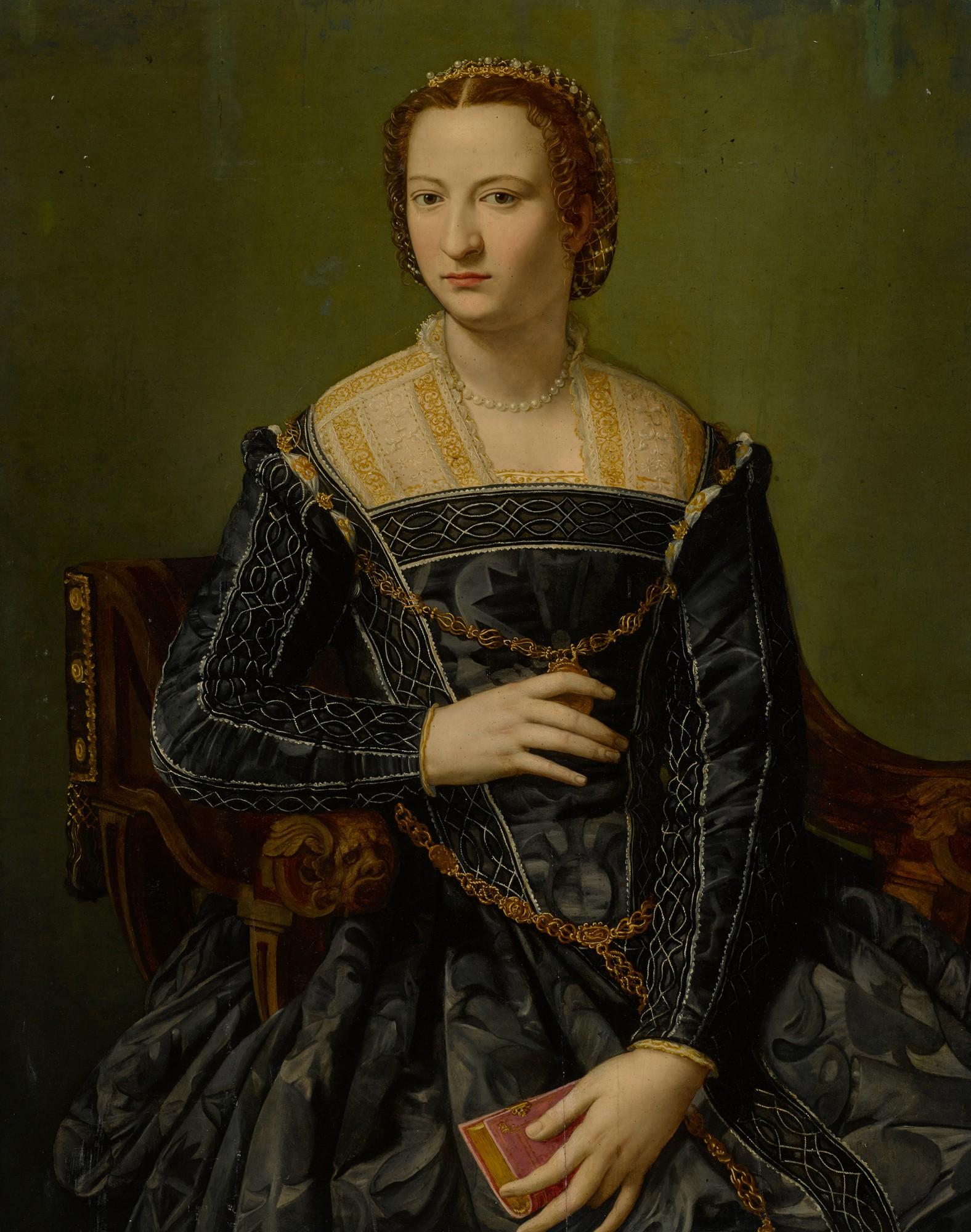 Alessandro Allori - Portrait Of A Lady In Black, Holding A Book, Three-Quarter Length