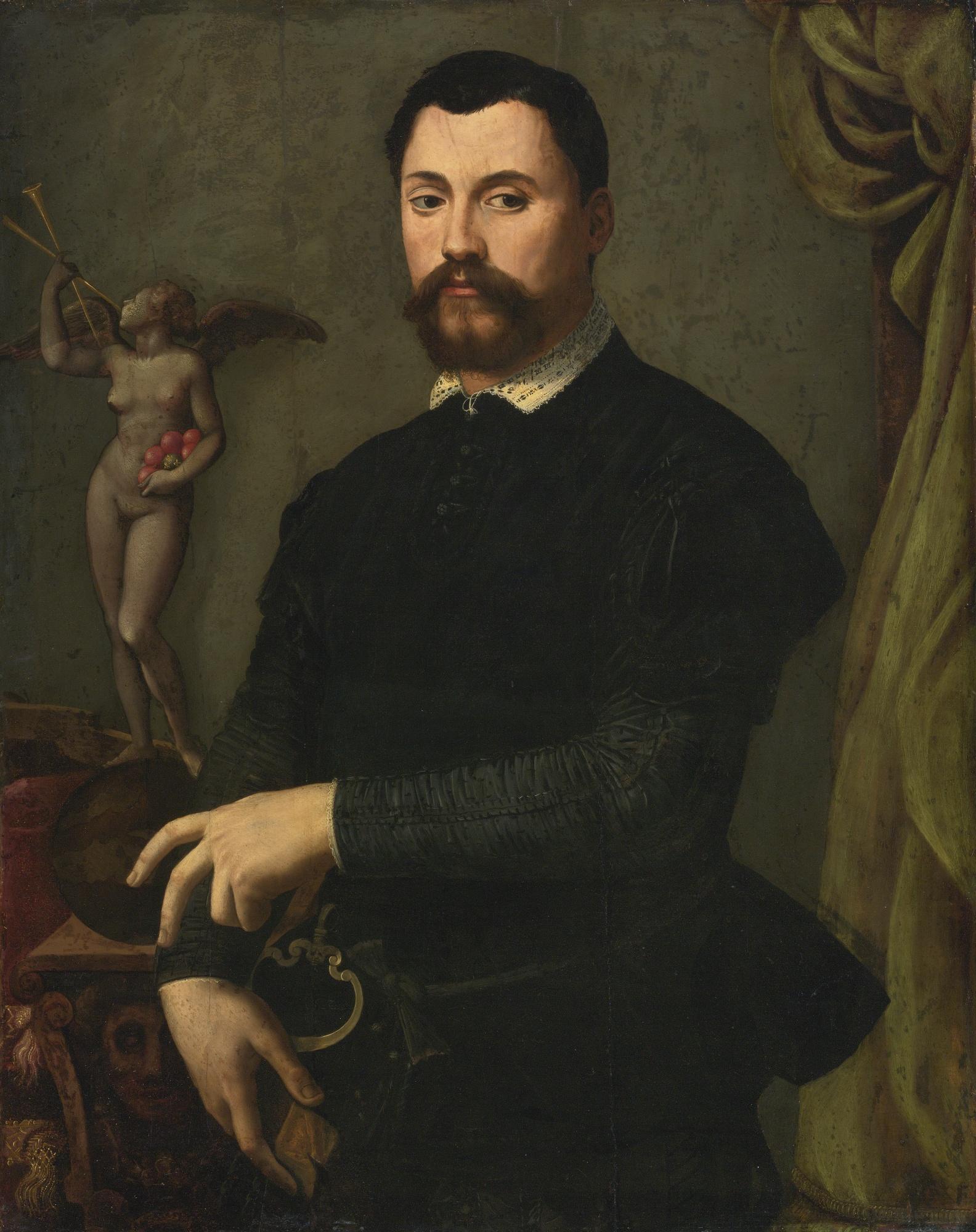 Alessandro Allori - Portrait Of Tommaso De\' Bardi, Half Length, In A Black Doublet And Hose With A Statue Of Fame