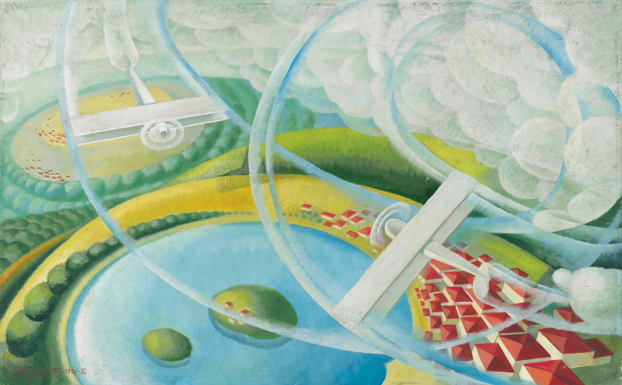 Alessandro Bruschetti - Aeropittura Con Lagosigned And Dated 1932 Xi, Oil On Board
