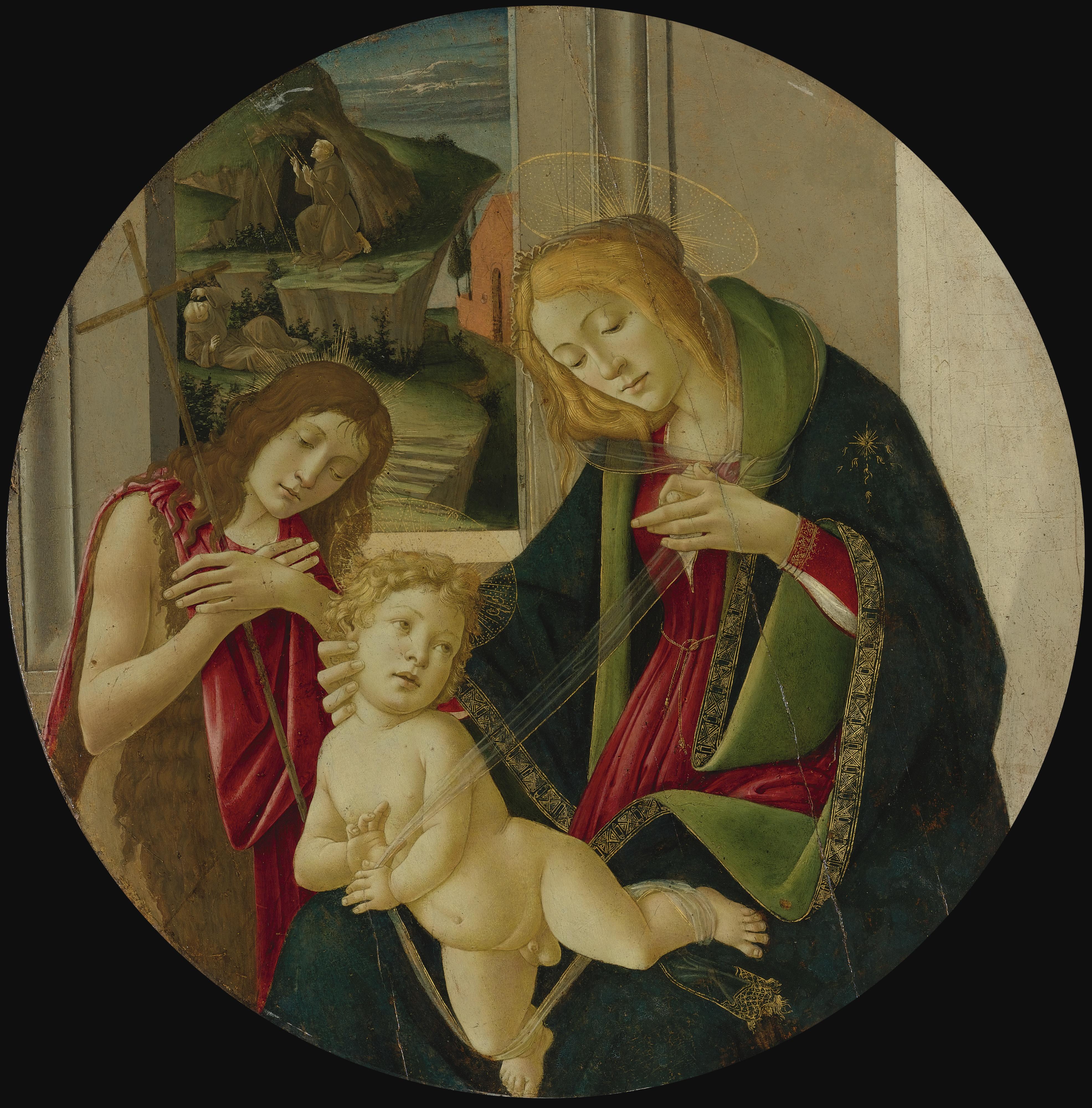 Alessandro Di Mariano Filipepi - Madonna And Child With The Young Baptist, Saint Francis Receiving The Stigmata In The Distance