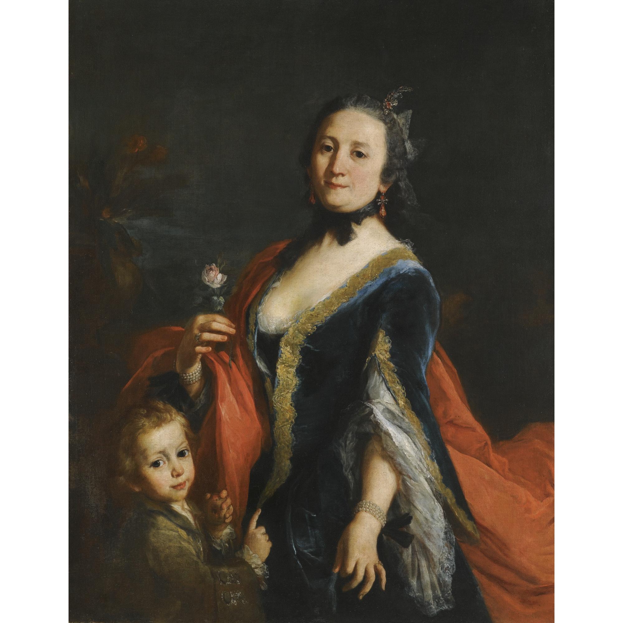 Alessandro Longhi - Portrait Of A Lady, Three-Quarter Length Standing, Holding A Rose And A Boy Holding An Apple Beside Her