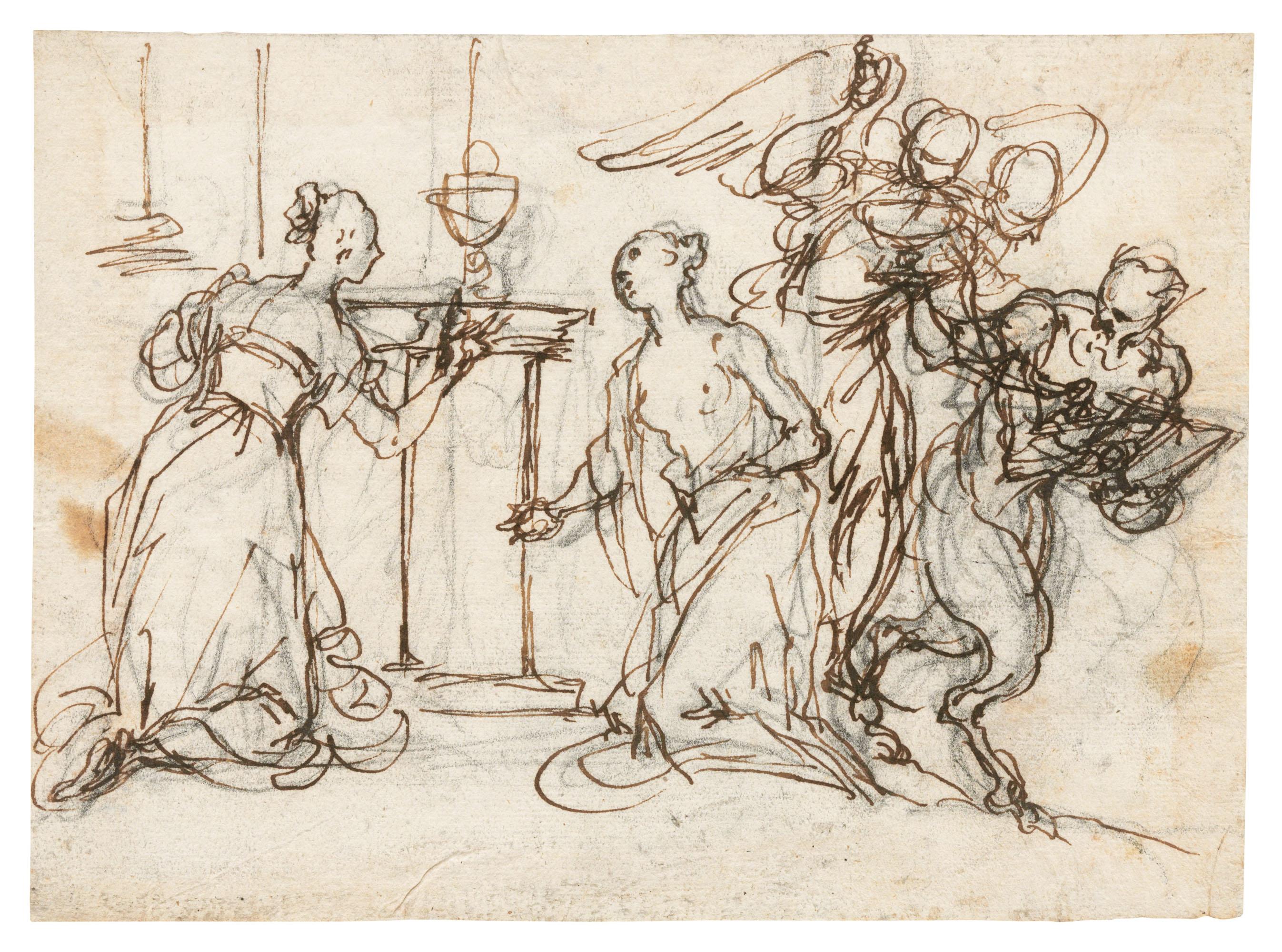 Alessandro Maganza - A young woman kneeling at an altar rescued from sin