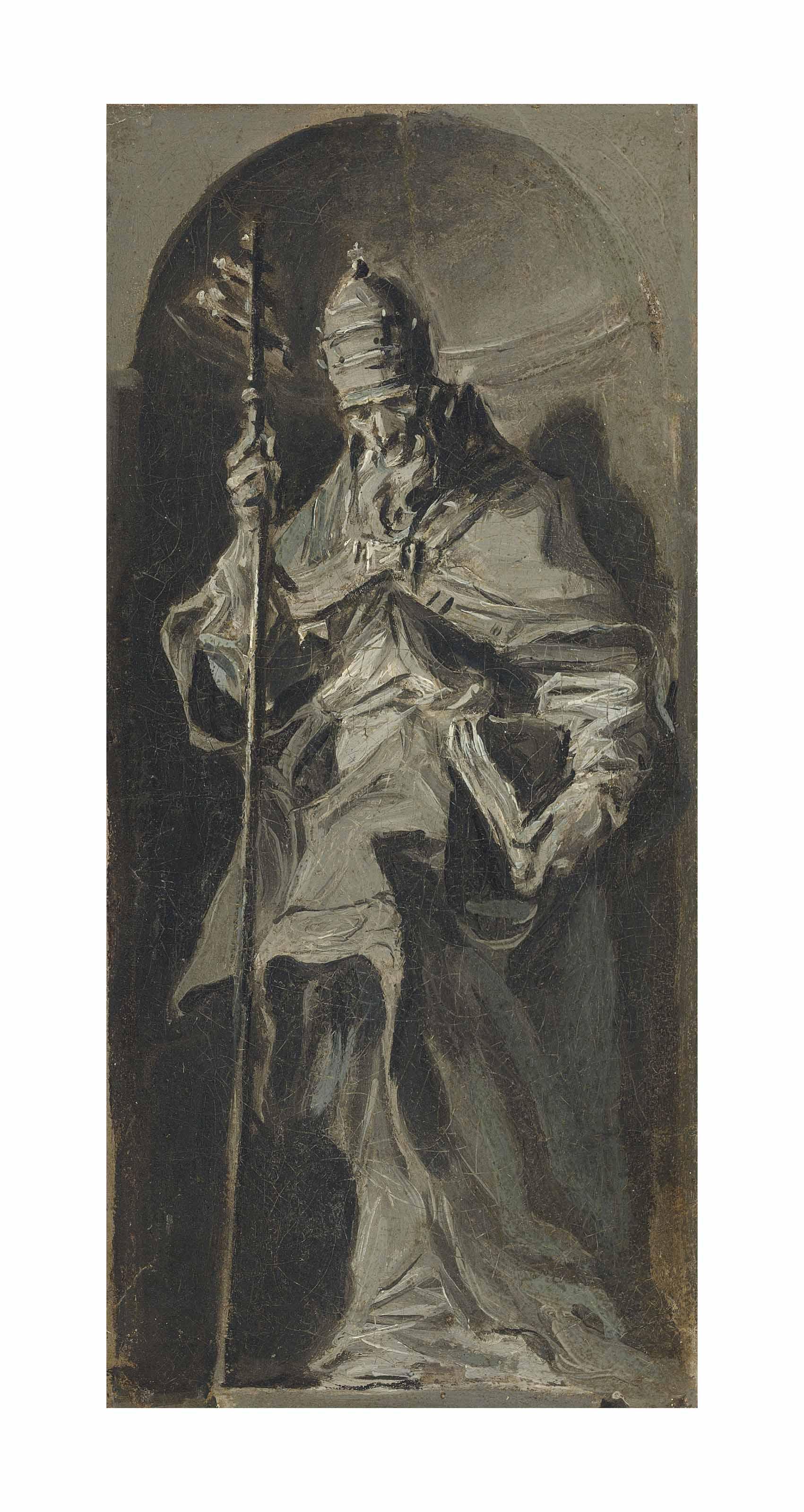 Alessandro Magnasco, Il Lissandrino - Pope Saint Gregory the Great standing in a niche - en grisaille, a bozzetto