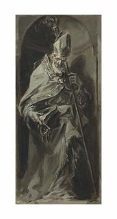 Alessandro Magnasco, Il Lissandrino - Saint Ambrose standing in a niche - en grisaille, a bozzetto