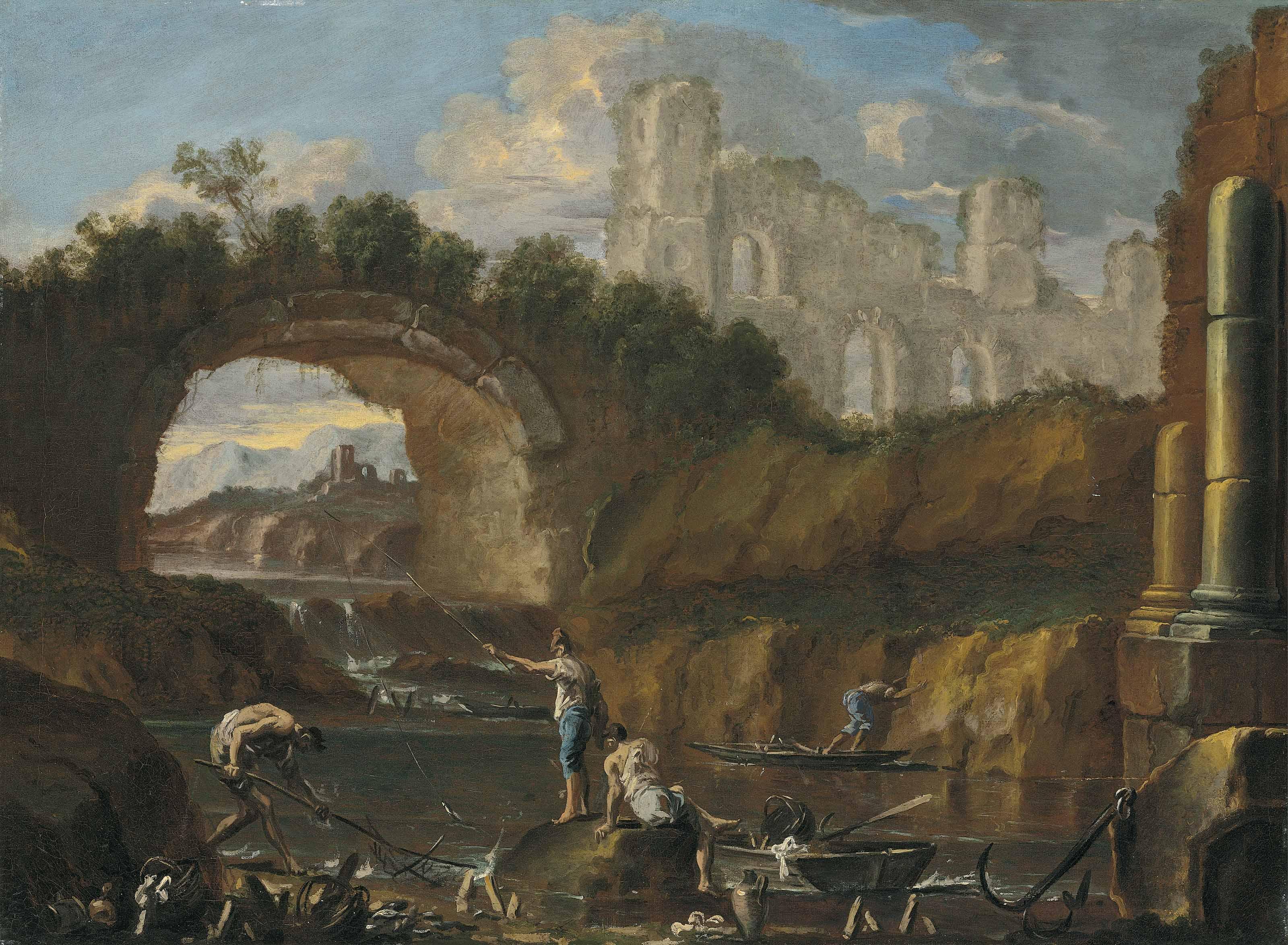 Alessandro Magnasco - A River Landscape With Fishermen Among Ruins