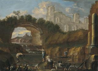 Alessandro Magnasco - A River Landscape With Fishermen Among Ruins