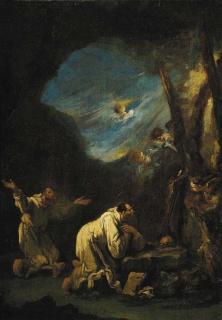 Alessandro Magnasco - A stormy landscape with Carthusian monks praying at a shrine, angels in the sky beyond
