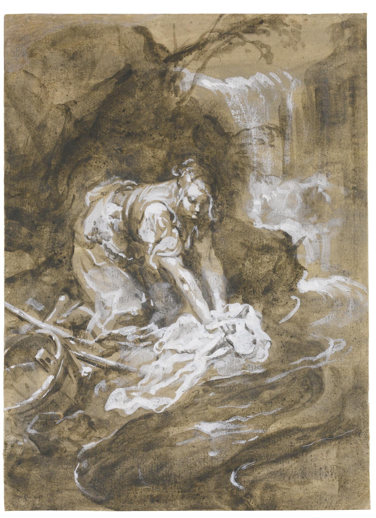 Alessandro Magnasco - A Young Laundress At The Edge Of A River, A Waterfall In The Distance