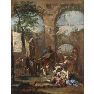Alessandro Magnasco - An Architectural Capriccio With A Musician And Peasants Before A Portable Altar With Saint Anthony Of Padua