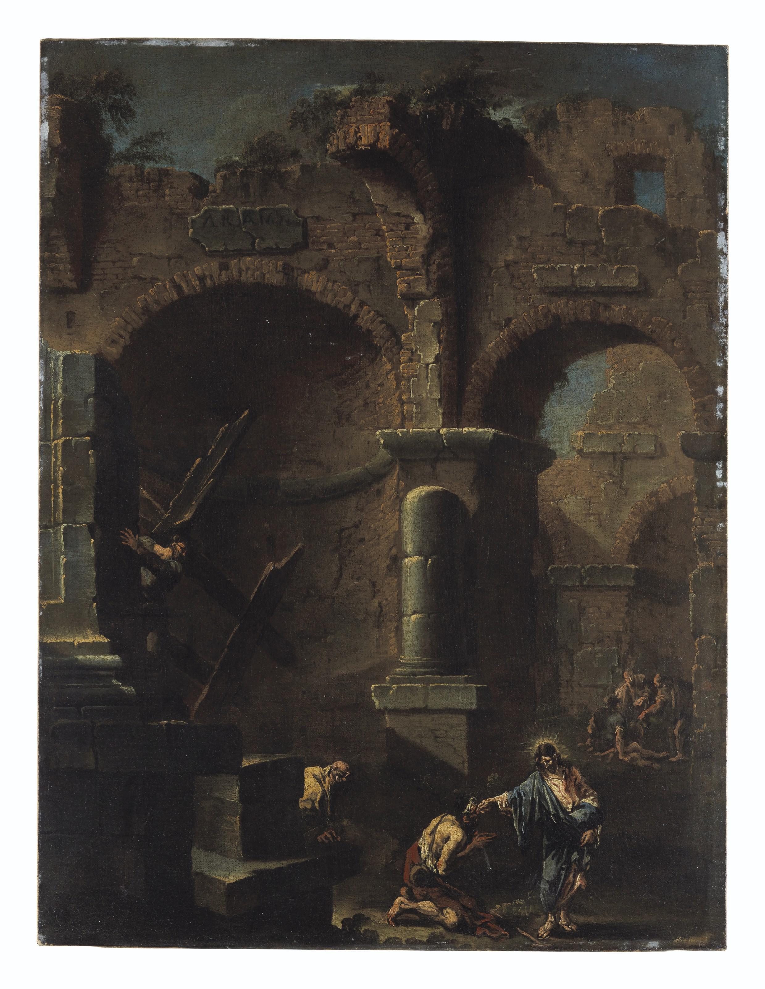 Alessandro Magnasco - An architectural capriccio with Christ Healing the Blind Man