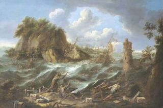Alessandro Magnasco - Burrasca presso una costa mediterranea, con due frati francescani e due astanti, e le rovine di un faro