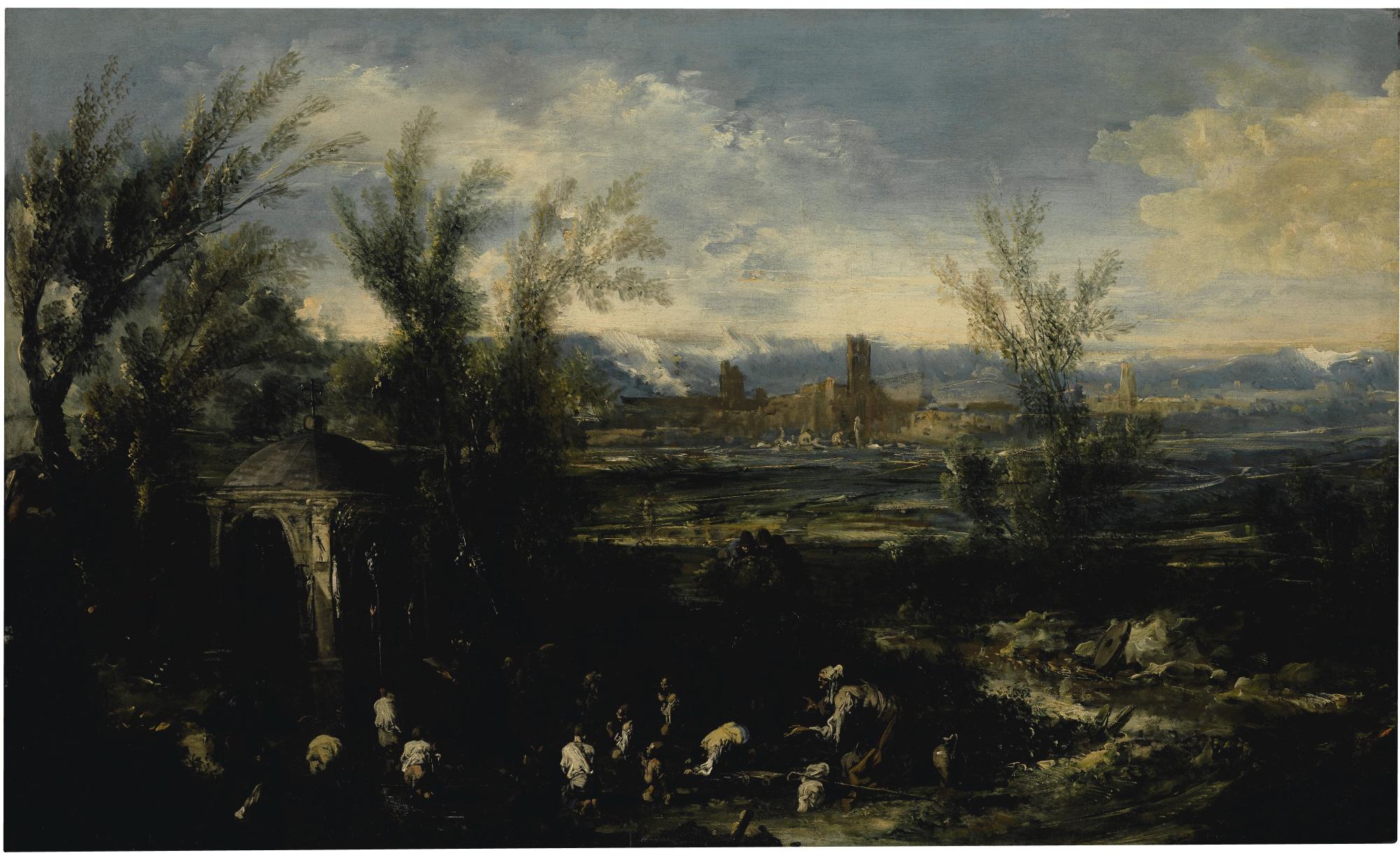 Alessandro Magnasco - Extensive Landscape With Figures Before A Shrine