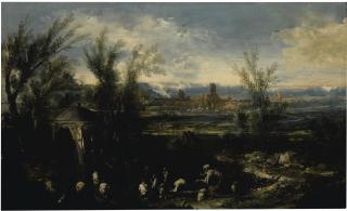 Alessandro Magnasco - Extensive Landscape With Figures Before A Shrine