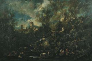 Alessandro Magnasco - Viandanti in sosta presso un fiume, sullo sfondo un borgo con torre cilindrica