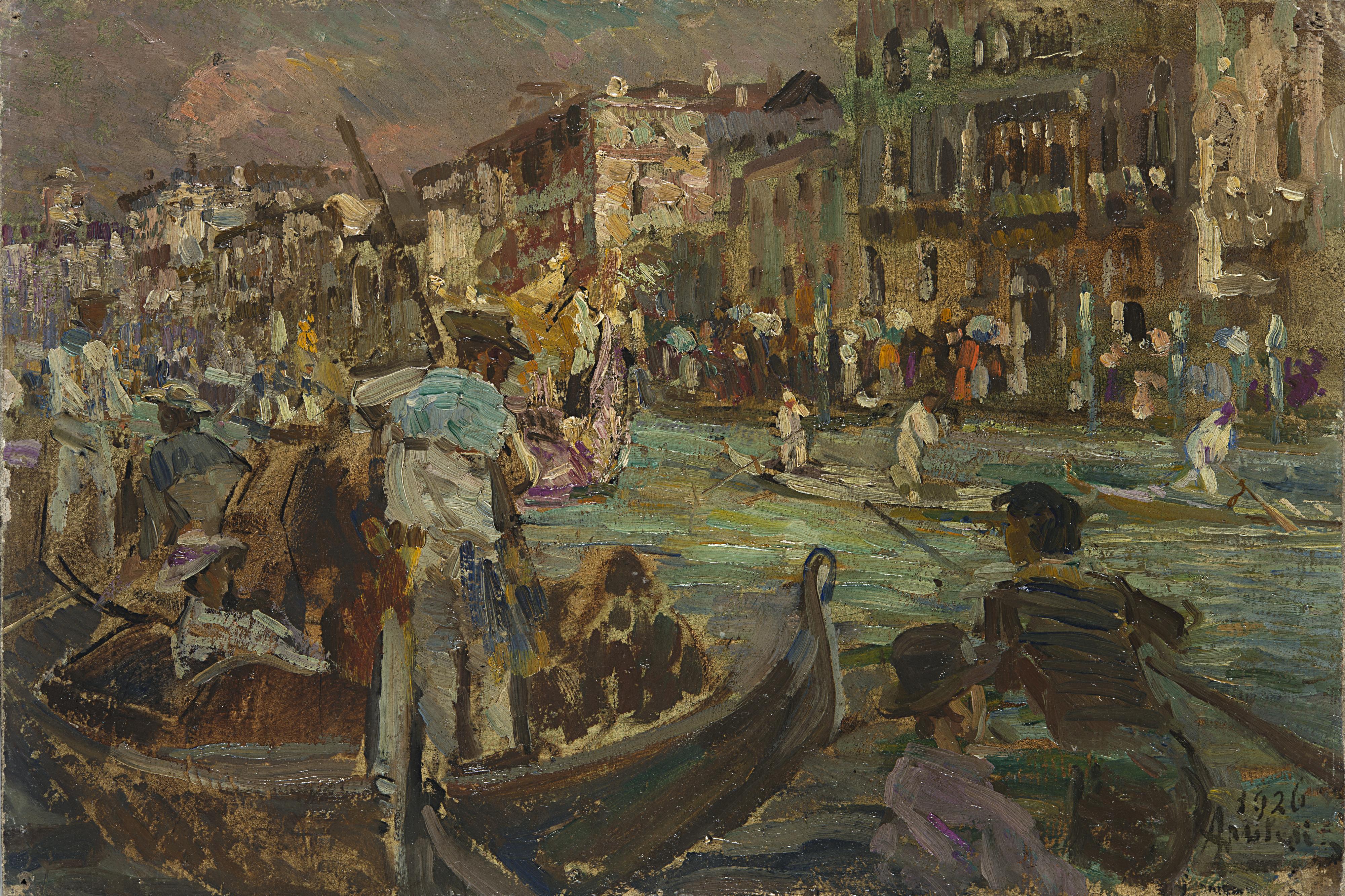 Alessandro Milesi - Venezia. Canale con gondole