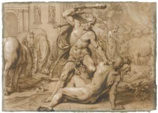 Alessandro Turchi - Hercules and Geryon, with the Mares of Diomedes devouring the king\'s body to the left and Hercules leading away the Oxen of Geryon to the right