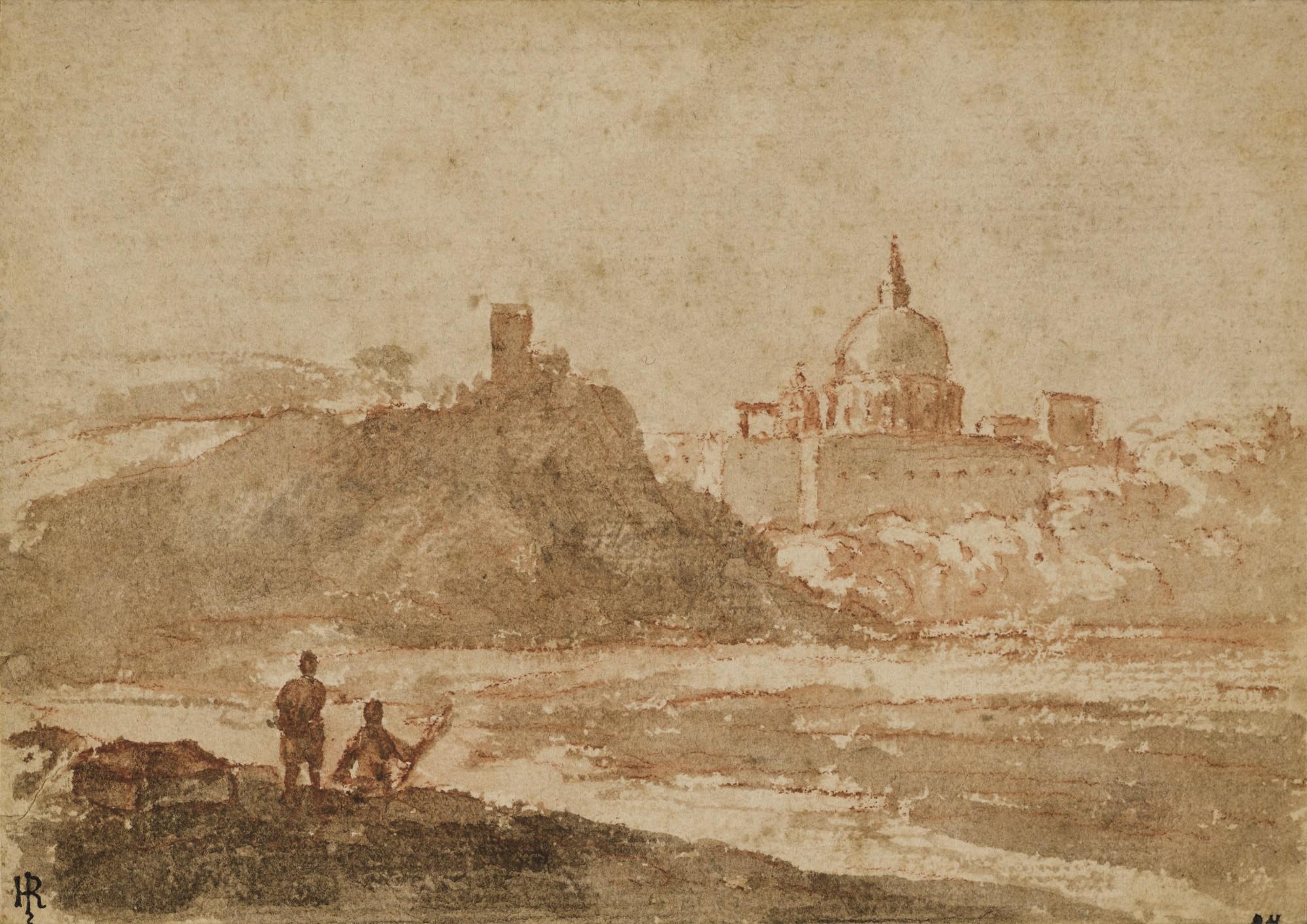 Alessio De Marchis - Landscape with travelers and a view of Rome