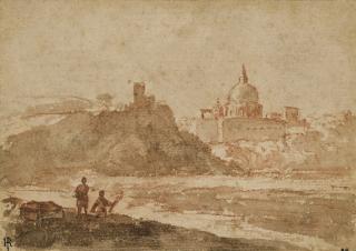 Alessio De Marchis - Landscape with travelers and a view of Rome