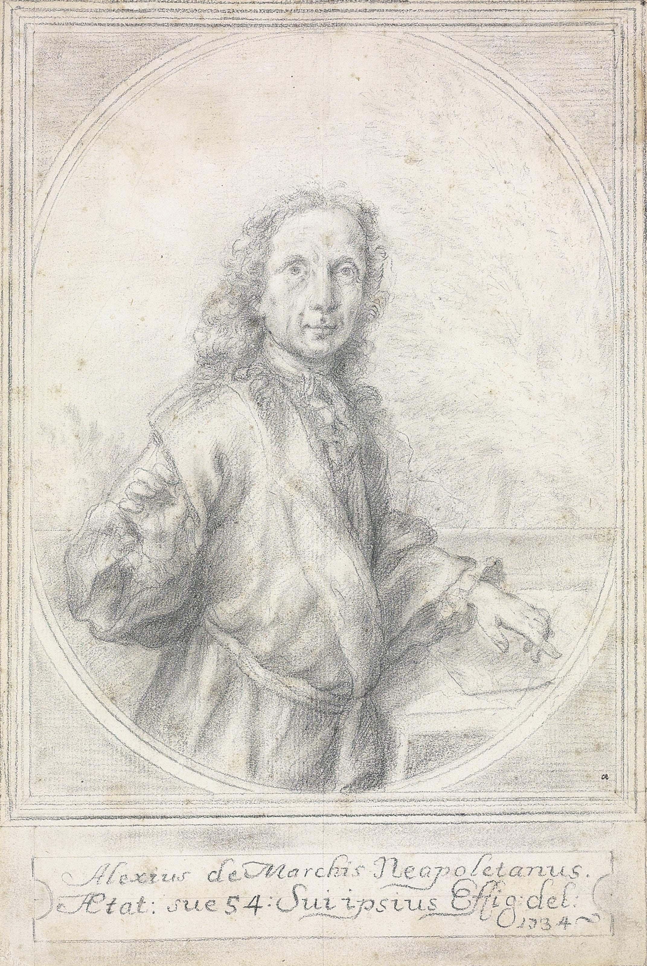 Alessio de Marchis - Portrait of the artist, half-length, holding a porte-crayon, in a trompe l\'oeil oval frame