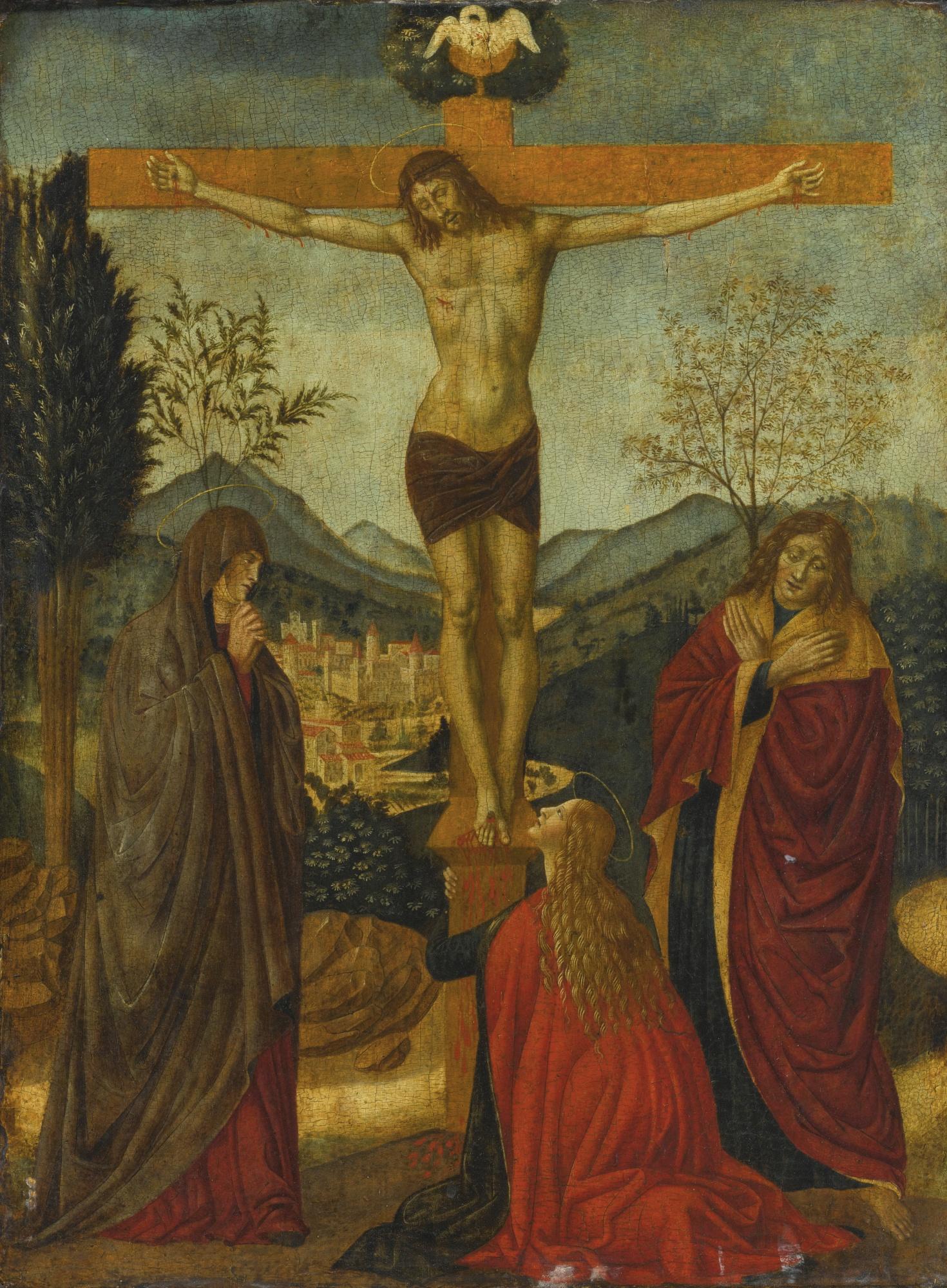 Alesso Di Benozzo Gozzoli - The Crucifixion, With The Madonna And Saints John The Evangelist And Mary Magdalene, A City And Mountainous Landscape Beyond