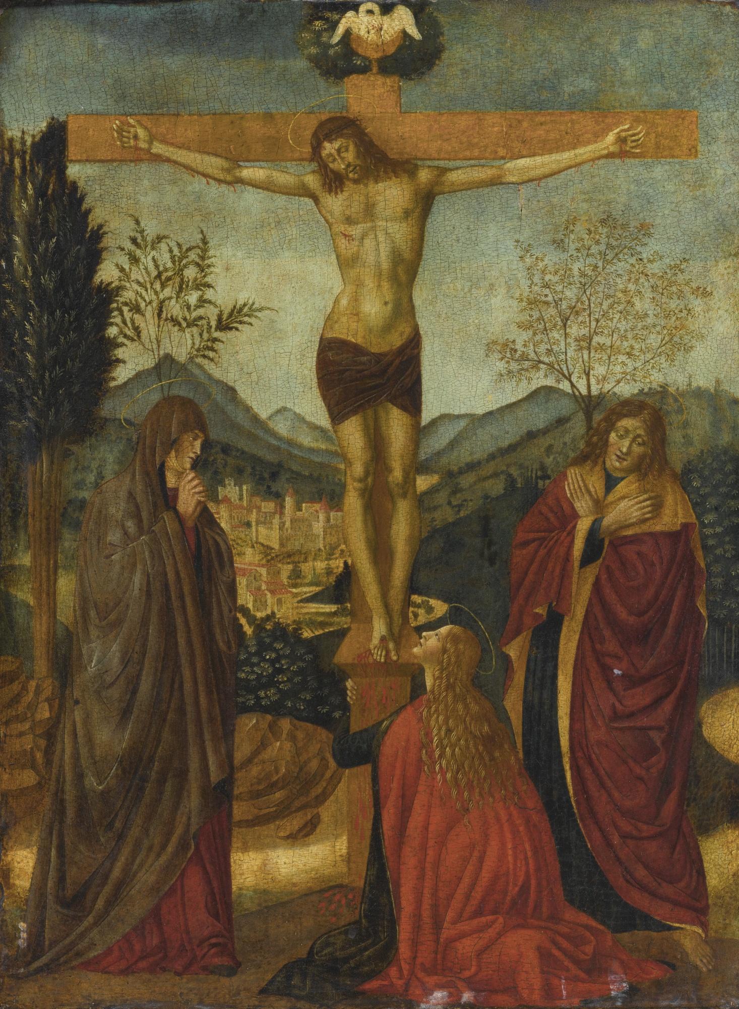 Alesso Di Benozzo Gozzoli - The Crucifixion, With The Madonna And Saints John The Evangelist And Mary Magdalene, A City And Mountainous Landscape Beyond