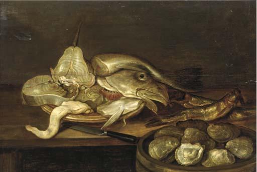 Alexander Adriaenssen - A bowl of clams with a plate of fish and oysters on a table