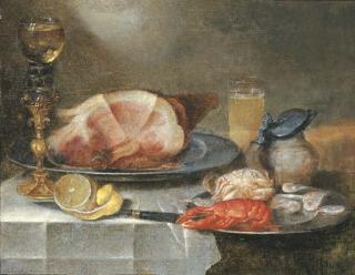 Alexander Adriaenssen - A ham, a lobster, a crab and shrimps on pewter plates with a roemer on a gilt stand, a glass of beer, an earthenware jug, a partly peeled lemon and a knife on a draped table