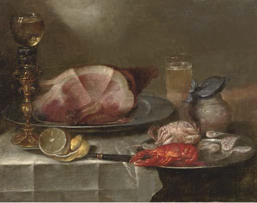 Alexander Adriaenssen - A ham on a pewter plate, a \'roemer\' on a stand, a partially peeled lemon, a pewter plate with a lobster, a crab and shrimps, a pitcher and a glass of beer