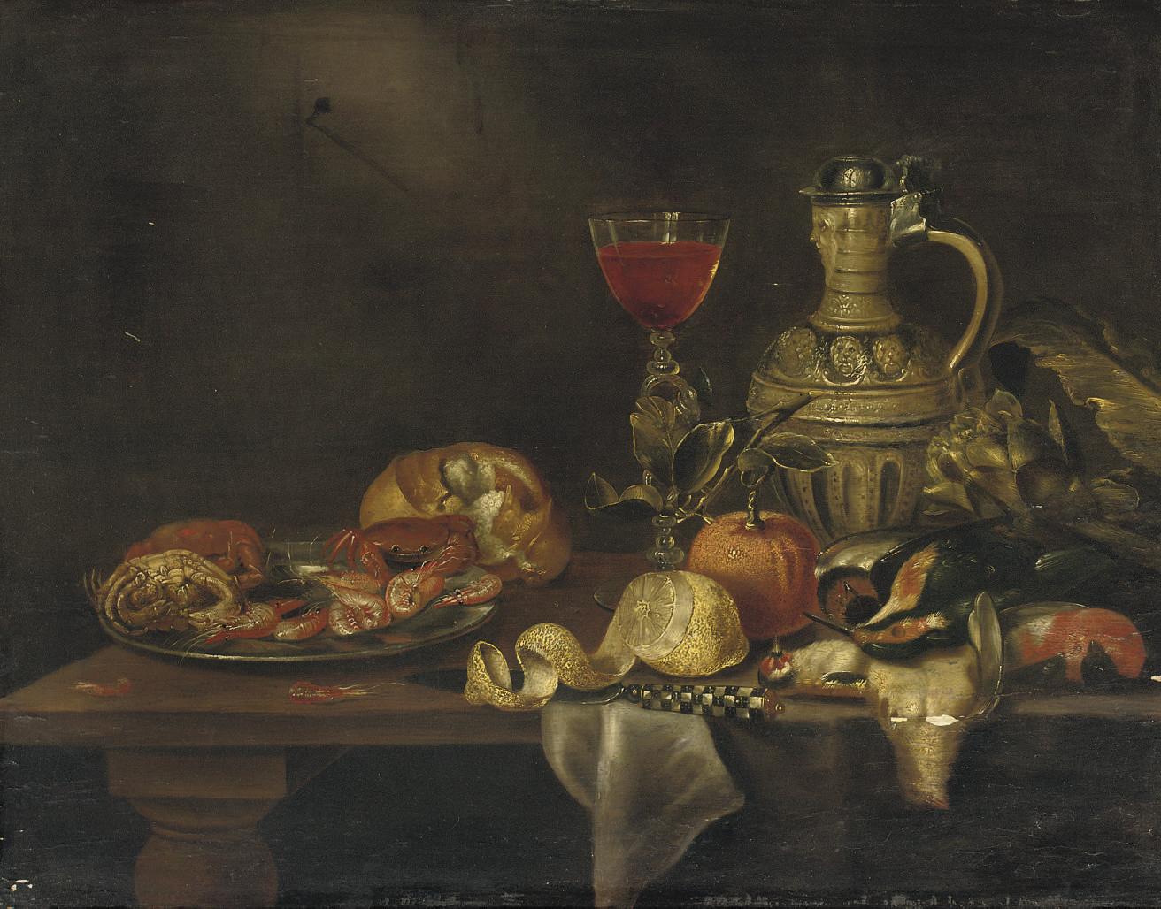 Alexander Adriaenssen - A silver plate with seafood, a roll of bread, a \'Façon-de-Venise of red wine\', a \'keulse pot\', an artichoke, dead birds, an orange, a partially pealed lemon and a knife