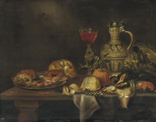 Alexander Adriaenssen - A silver plate with seafood, a roll of bread, a \'Façon-de-Venise of red wine\', a \'keulse pot\', an artichoke, dead birds, an orange, a partially pealed lemon and a knife