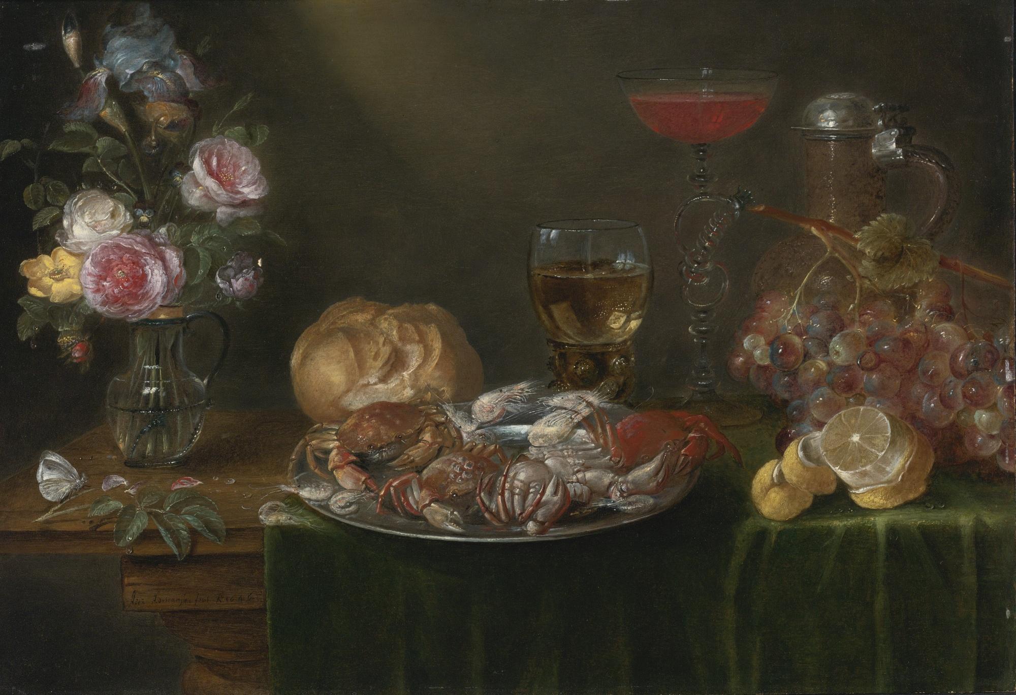 Alexander Adriaenssen - A Still Life With A Platter Of Crabs And Shrimp, A Glass Jug Of Flowers, A Roemer And A Long-Stemmed Tazza Of Wine, An Earthenware Jug, A Loaf Of Bread, A Bunch Of Grapes And A Half-Peeled Lemon