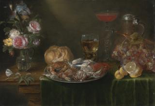 Alexander Adriaenssen - A Still Life With A Platter Of Crabs And Shrimp, A Glass Jug Of Flowers, A Roemer And A Long-Stemmed Tazza Of Wine, An Earthenware Jug, A Loaf Of Bread, A Bunch Of Grapes And A Half-Peeled Lemon