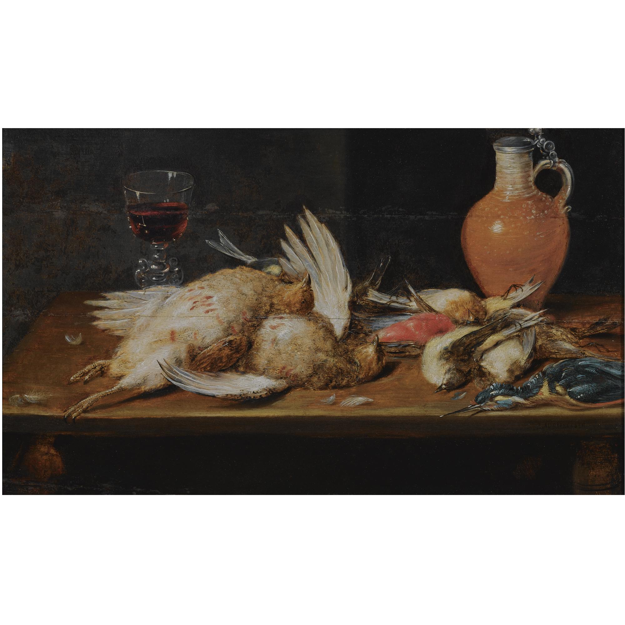 Alexander Adriaenssen - A Still Life With A Robin, A Kingfisher, Partridges And Songbirds, All On A Wooden Table, Together With A Glass And An Earthenware Jug