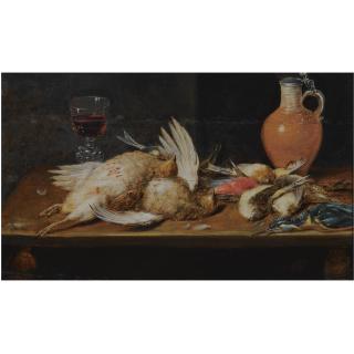 Alexander Adriaenssen - A Still Life With A Robin, A Kingfisher, Partridges And Songbirds, All On A Wooden Table, Together With A Glass And An Earthenware Jug