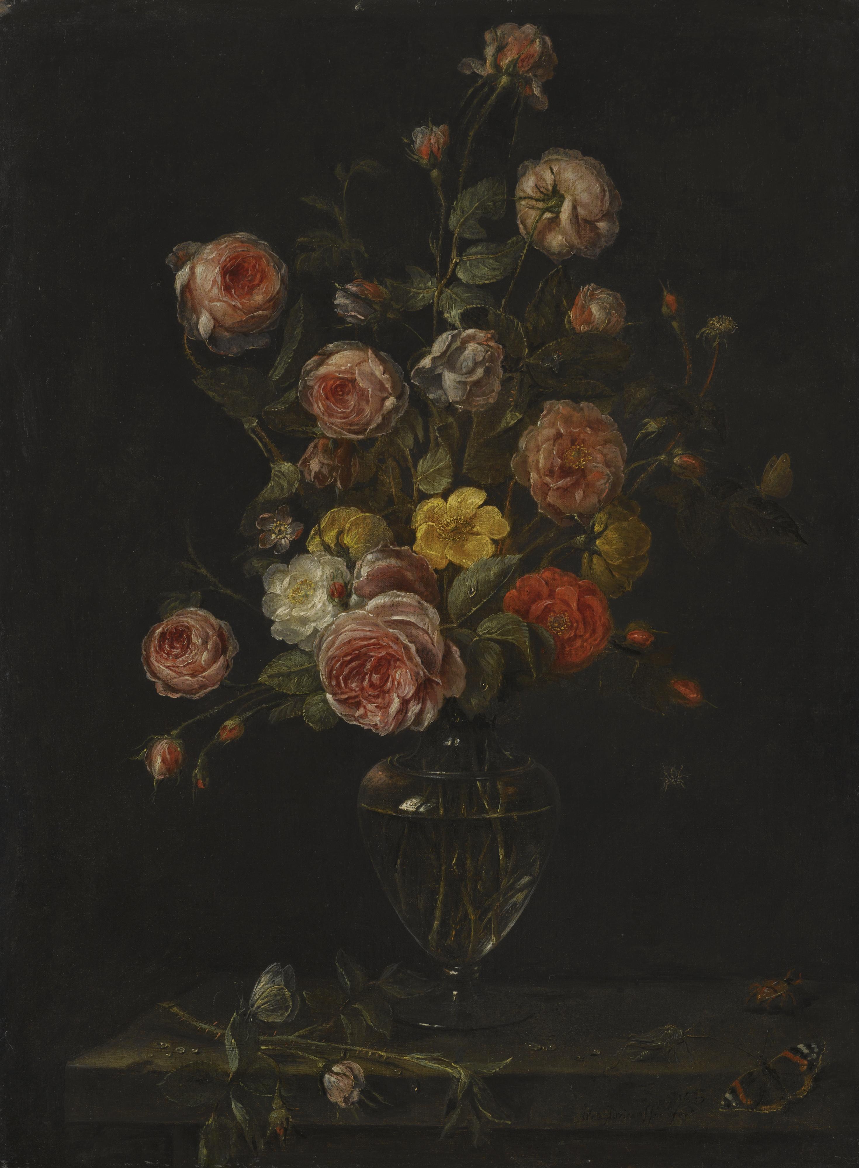 Alexander Adriaenssen - A Still Life With Red, White And Pink Roses In A Glass Vase Over A Stone Ledge With Butterflies, A Grasshopper And A Beetle