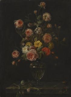 Alexander Adriaenssen - A Still Life With Red, White And Pink Roses In A Glass Vase Over A Stone Ledge With Butterflies, A Grasshopper And A Beetle